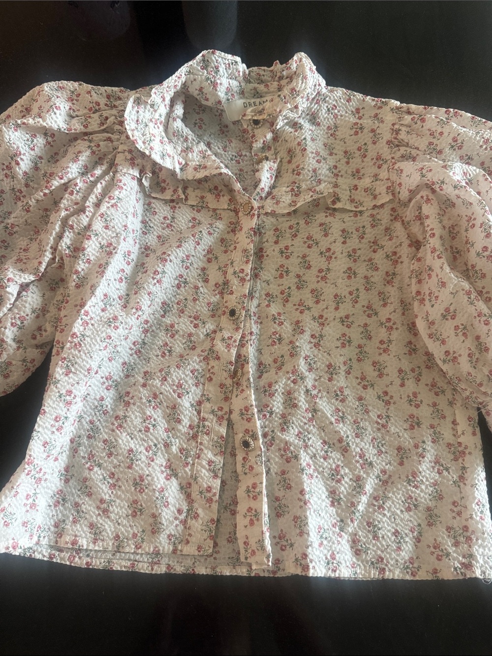 Sister Jane Cream Blouse with Pink Floral Print and Ruffle Collar